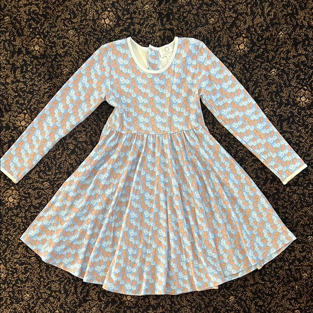 Charming Kids Dress with Blue and Orange Pumpkin Pattern